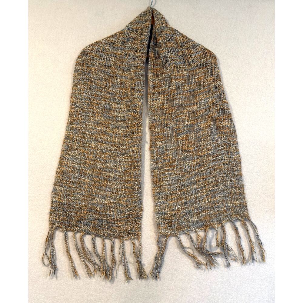 Handmade 100% Pashmina Chunky Knit Fringe Scarf in Yellow & Slate Blue 🍂✨